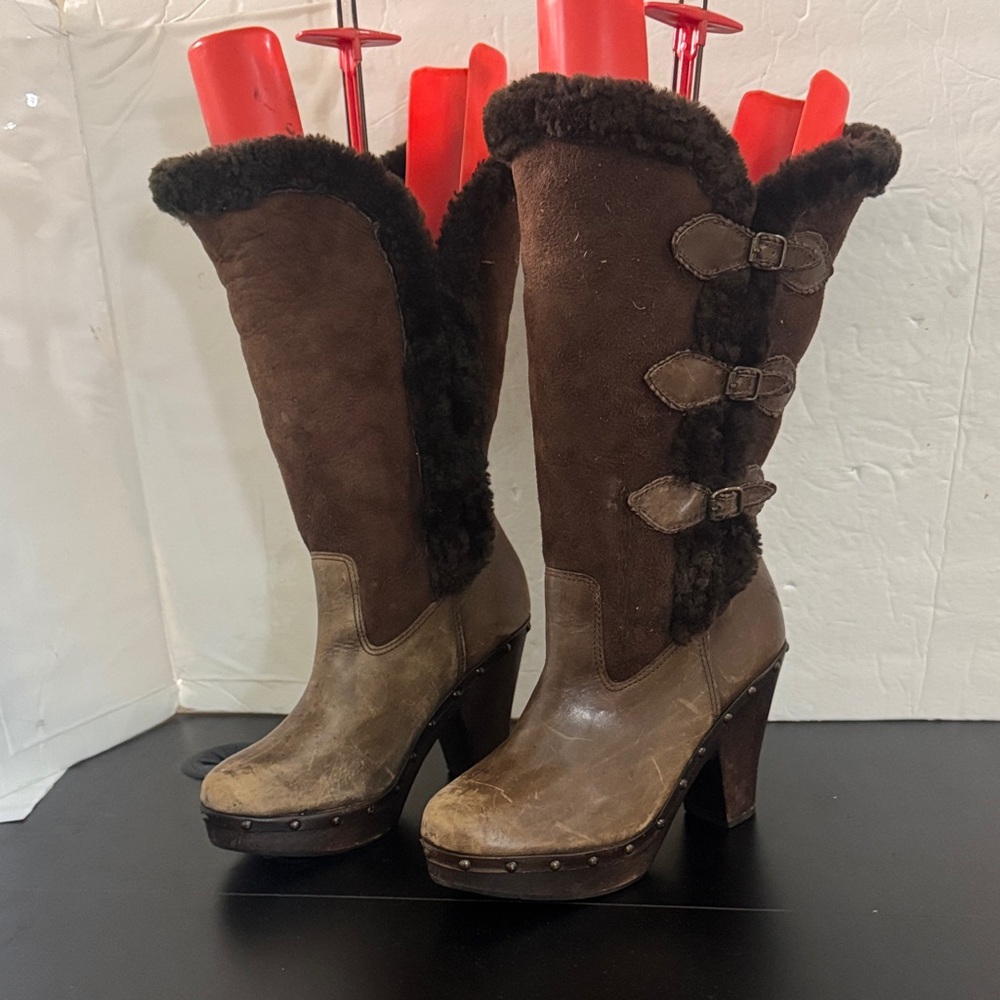 Frye Brown Heeled Boots with Fur Trim leather tall heels buckle boots